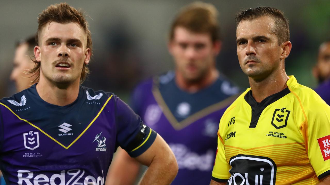 MELBOURNE, AUSTRALIA - MARCH 11: Referee Grant Atkins and Ryan Papenhuyzen of the Storm looks on during the round one NRL match between the Melbourne Storm and the South Sydney Rabbitohs at AAMI Park, on March 11, 2021, in Melbourne, Australia. (Photo by Robert Cianflone/Getty Images)