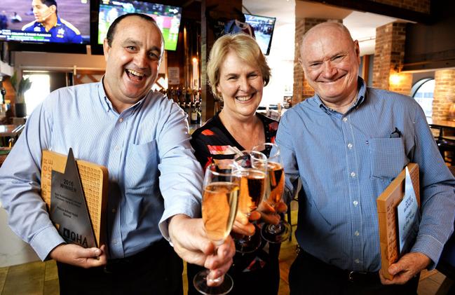 PA Hotel owners Mary-Anne and Clive Johnson are pleased to have been awarded the Queensland Hotels Association 2016 Hotel of the Year. Celebrating with hotel general manager Peter Coultas (left). Picture: Rob Williams