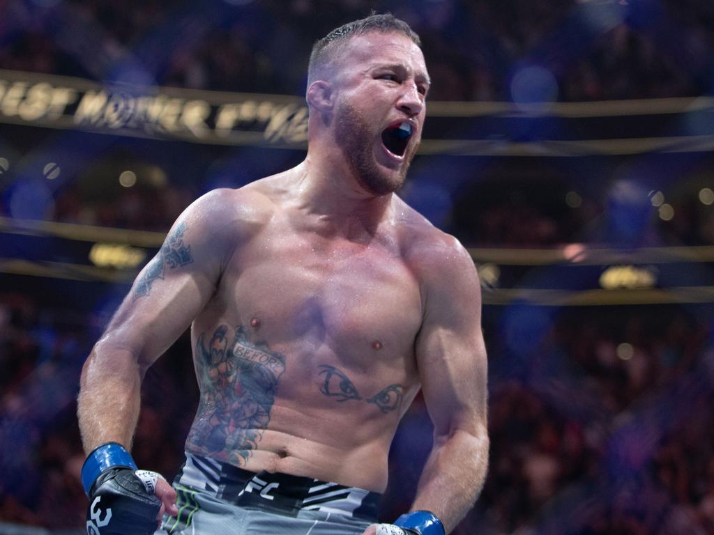 Gaethje celebrates after beating Poirier for the BMF belt last year. Picture: Chris Gardner/Getty Images