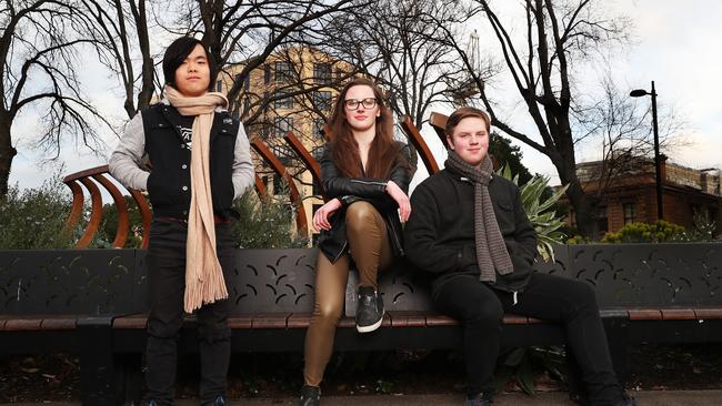 Jackson Yung, 17, of Hobart, Samantha Stevenson, 18, of Huonville, and Jasper Lennaen, 18, of Hobart. Picture: NIKKI DAVIS-JONES