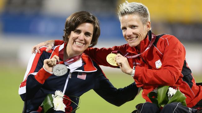 Vervoort (right) celebrates her gold at last year’s world championships. Picture: Getty Images