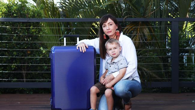 Gold Coast's Jenn Griffith with her three-year-old son Xavier, would start planning a trip to the UK to visit her relatives if international travel was allowed. Picture: Jason O'Brien.