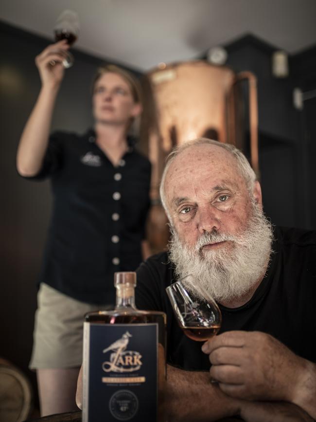 Bill Lark and Distiller Jodie Dawe fight for Tasmanian Distilleries calling for urgent government action to fix Australia's spirits tax regime. Picture Eddie Safarik