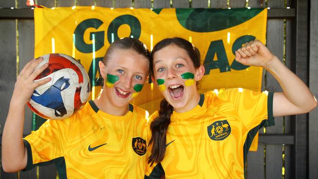 Matilda Bogue and Matilda Furness, both 10, can’t wait to see the Matildas play in Geelong. Picture: Alison Wynd
