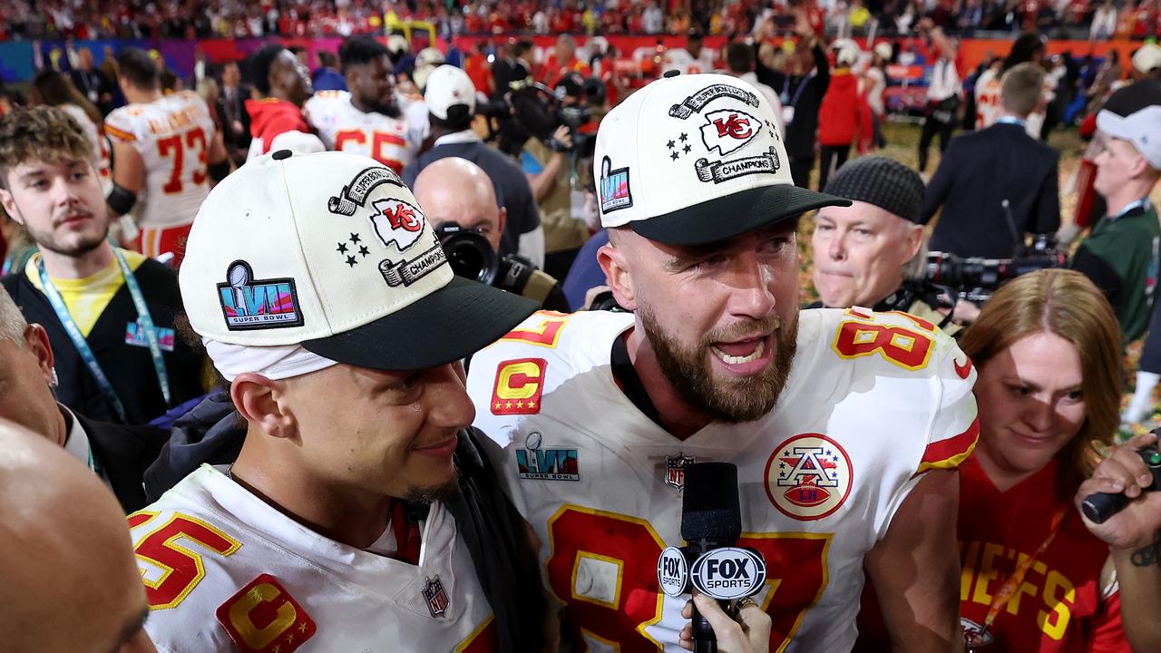 GLENDALE, ARIZONA - FEBRUARY 12: Travis Kelce #87 and Patrick Mahomes #15 of the Kansas City Chiefs celebrate after defeating the Philadelphia Eagles 38-35 in Super Bowl LVII at State Farm Stadium on February 12, 2023 in Glendale, Arizona. (Photo by Gregory Shamus/Getty Images)