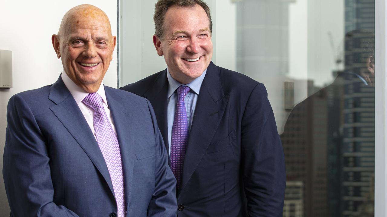 Premier Investments chair Solomon Lew (left) and CEO Mark McInnes. Mr Lew has blasted Myer’s board. Picture: NCA NewsWire / Daniel Pockett