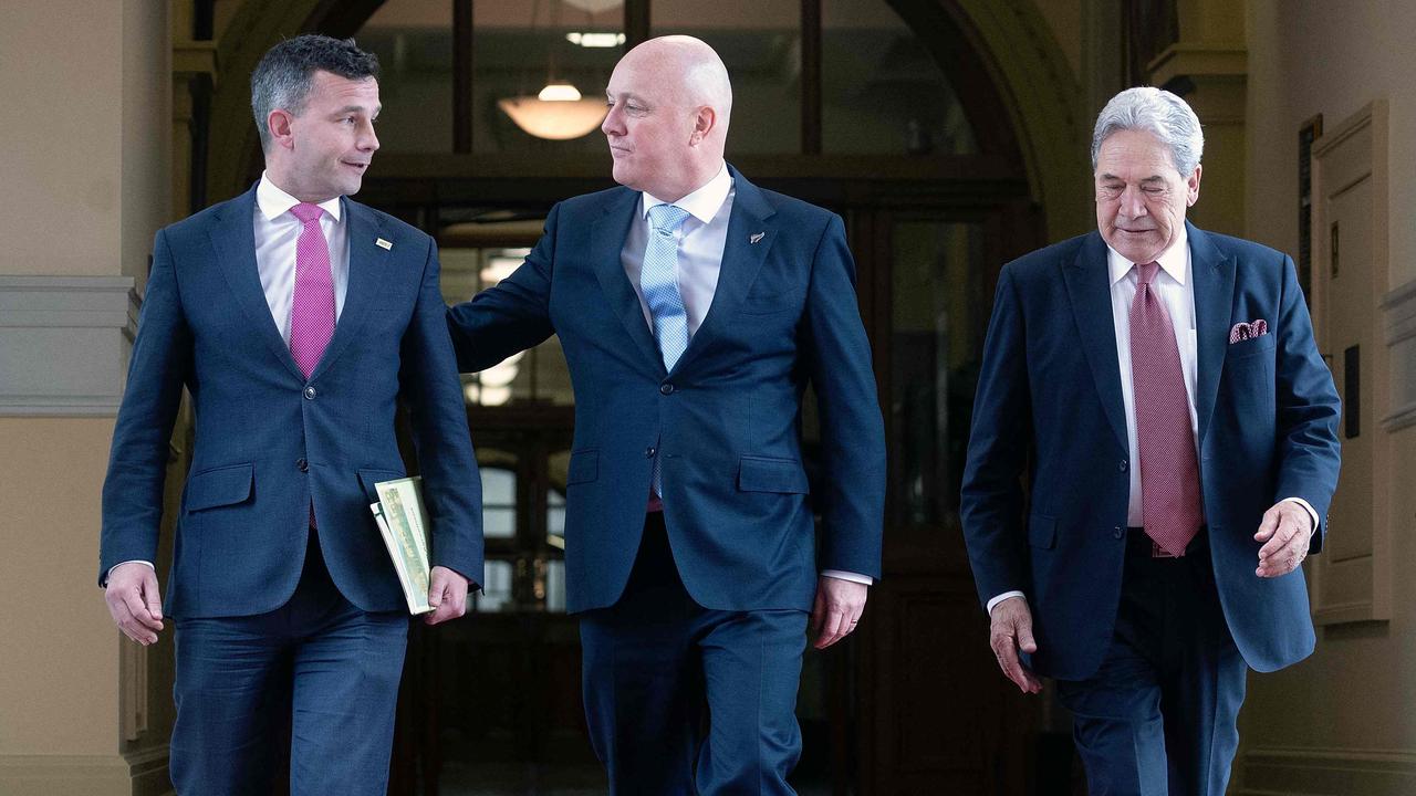 David Seymour, Christopher Luxon and Winston Peters. Picture: Marty Melville/AFP