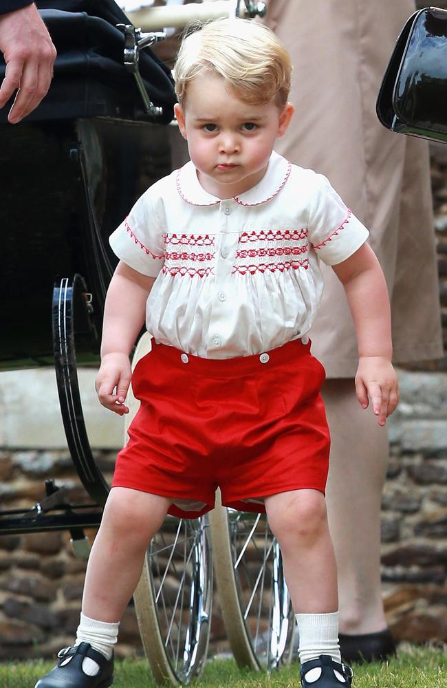 Britain’s Prince George of Cambridge leaves the Church of St Mary Magdalene on the Sandringham Estate, in England, after the christening of Princess Charlotte, Sunday, July 5, 2015. Picture: AP