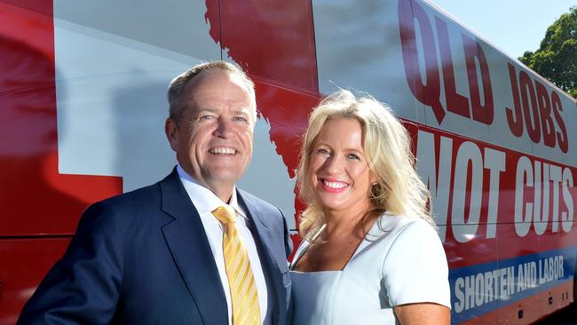 Federal Opposition leader Bill Shorten and his wife Chloe during their bus tour around Queensland. Picture: Craig Warhurst