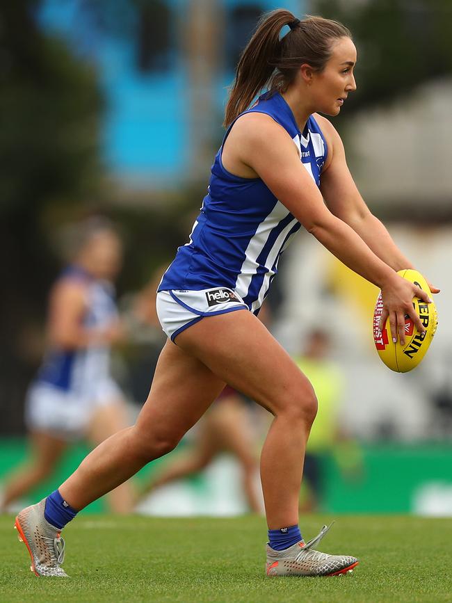 Nicole Bresnehan of the Kangaroos runs with the ball during the round six AFLW match between the Richmond Tigers and the North Melbourne Kangaroos at The Swinburne Centre on March 05, 2021 in Melbourne, Australia. (Photo by Robert Cianflone/Getty Images)