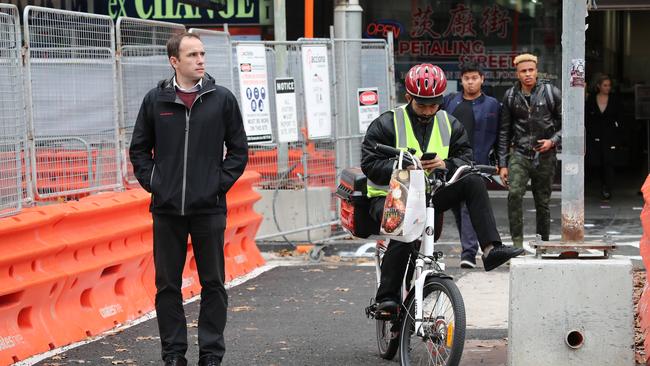 Pedestrians at the intersection of George St and Ultimo Rd in Haymarket, where teenager Anna Lambden was electrocuted while walking on the footpath near the light-rail construction site. Picture: David Swift