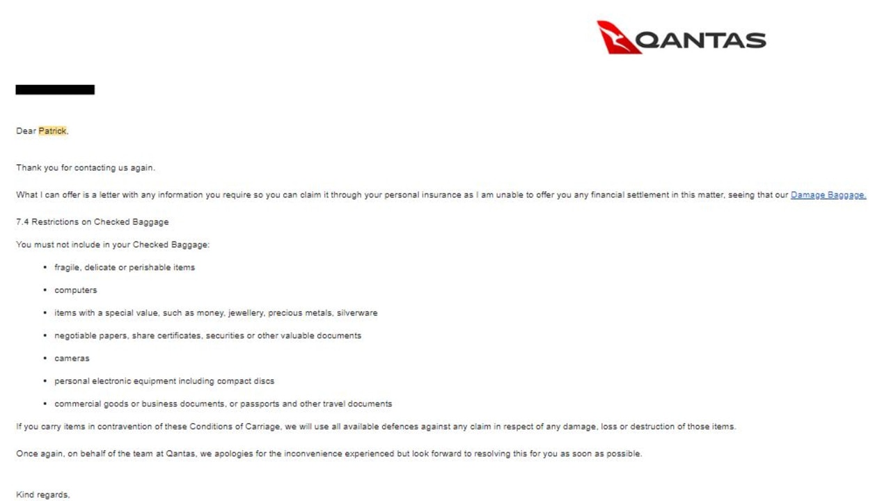 An email to Patrick from Qantas insists the airline will use “all available defences” against his claim. Picture: Supplied.