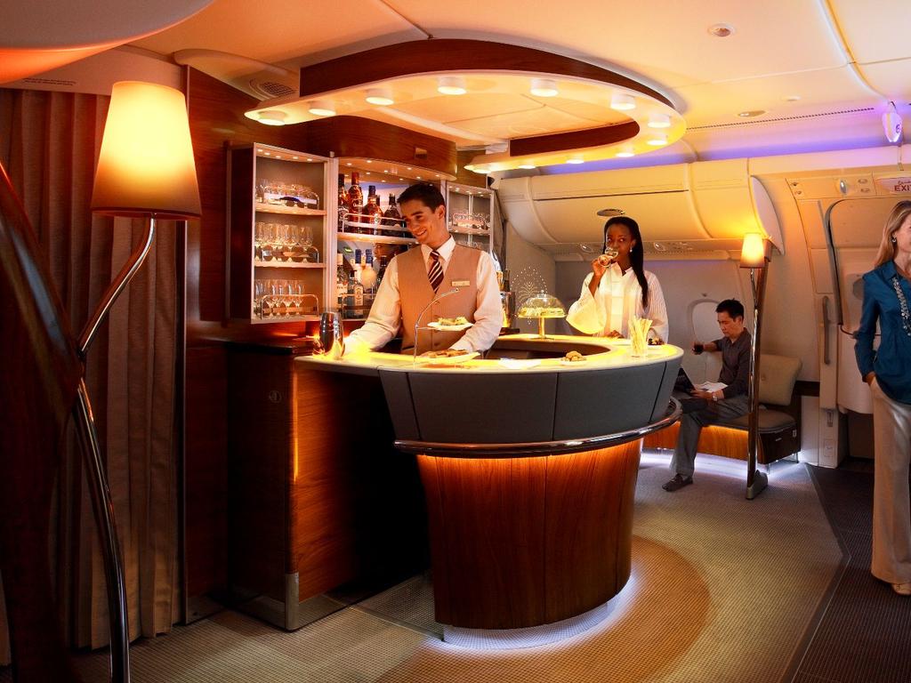 The bar, in the first and business class lounge of the A380, was an iconic addition. Picture: Emirates