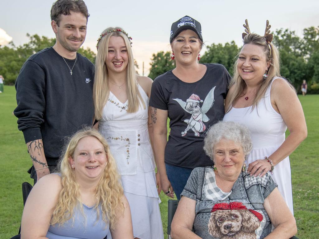 (Back from left) Kyle Whitton, Emily Matthews, Heidi Matthews and Karen Handford. (Front from left) Lilly Earl-Jones and Ruth Matthews. Triple M Mayoral Carols by Candlelight. Sunday 8th December, 2024. Picture: Nev Madsen.