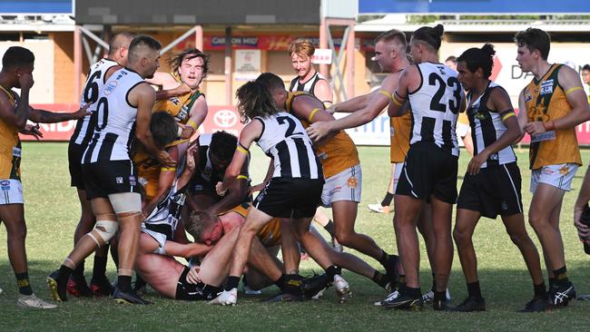 A scuffle between Palmerston Magpies and St Mary's in round 8. Picture: Julianne Osborne