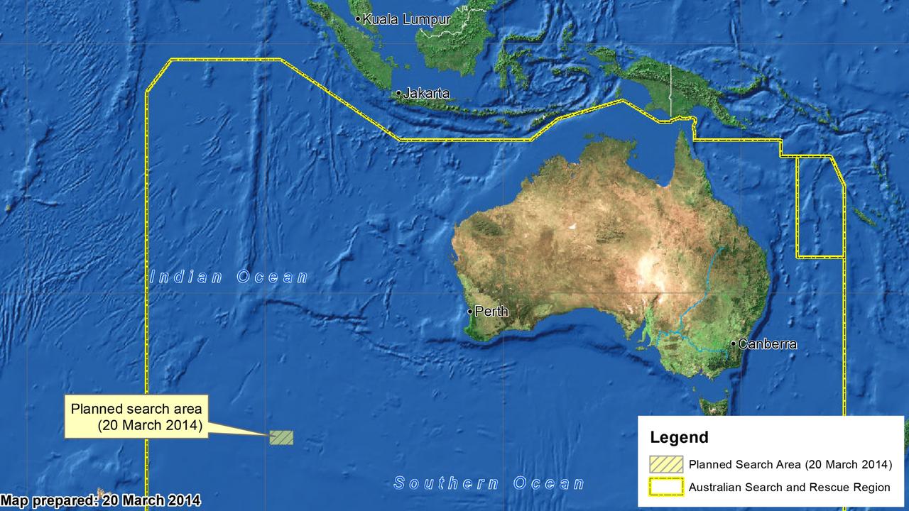 This Satellite image made available by the AMSA (Australian Maritime Safety Authority) shows a map of the planned search area for missing Malaysian Airlines Flight MH370 on March 20, 2014.