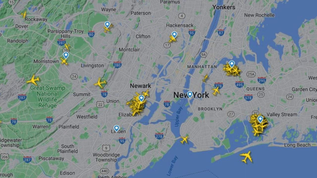 No planes can be seen taking off from New York at 8.45am on Wednesday morning (21.45am Thursday AEDT) despite it usually being one of the busiest air spaces in the world. Picture: Flightradar24.