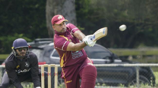 MPCA cricket : Boneo v Skye. Kasun Perera batting for Skye. Boneo keeper Dilasri Lokubandara and Jahanzaib Athar batting for Skye. Picture: Valeriu Campan