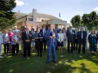 CANBERRA, AUSTRALIA-NCA NewsWire Photos 1 DECEMBER 2020: Investiture ceremony for Ordinary Seaman Edward Teddy" Sheean VC. Teddy's nephew Gary Ivory with Teddy's VC at and the Sheean family at Government House in Canberra.Picture: NCA NewsWire / Gary Ramage