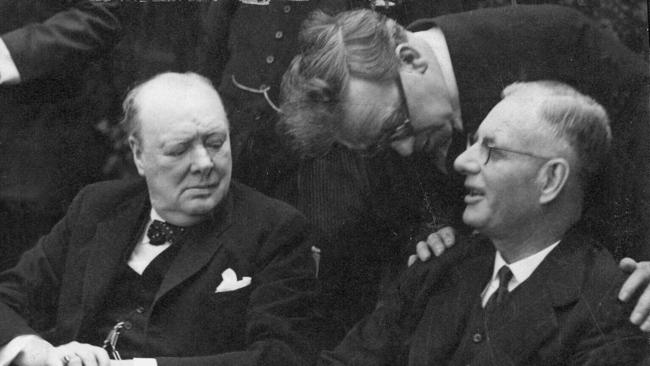 Curtin, right, with British counterpart Winston Churchill and British politician Herbert Morrison in 1944.