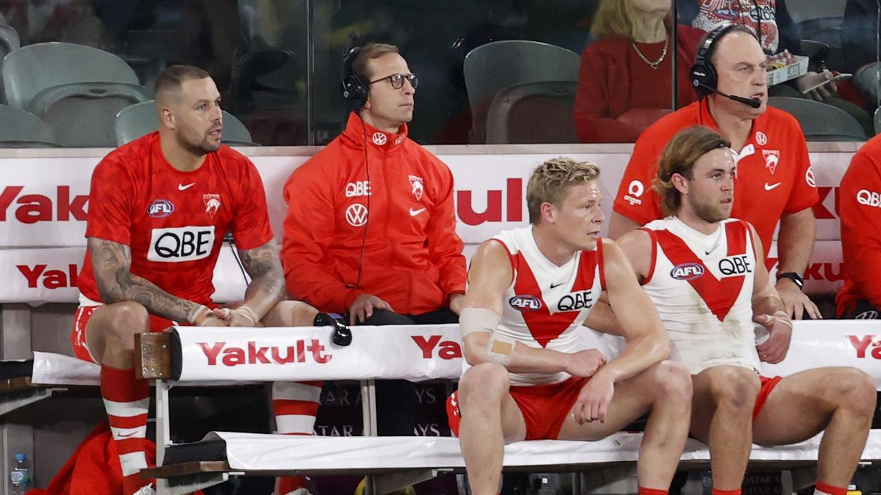 Lance Franklin sits on the bench after being subbed off. Picture: Darrian Traynor/AFL Photos/via Getty Images