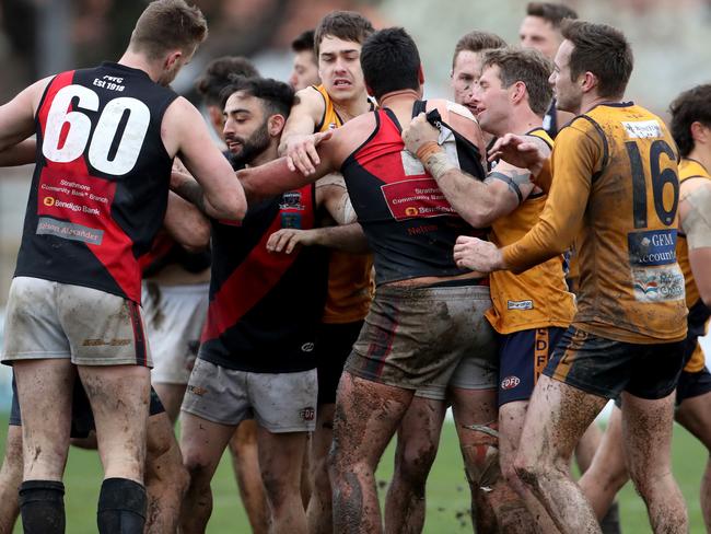 Tempers flare during the elimination final. Picture: Mark Dadswell