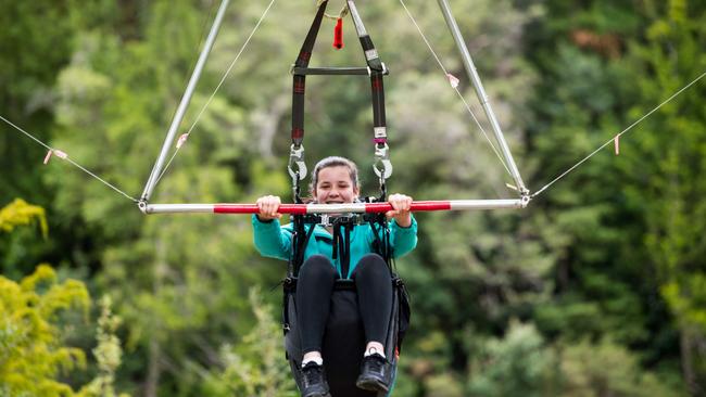 Thrill seekers shouldn't miss the Eagle Hang Gliding adventure, feeling the wind beneath your wings as you glide smoothly through tall forests and across the Huon River at Tahune Adventures at Geeveston. The securely cable-controlled hang glider whisks you from the forest floor, 250 metres across the Huon River, to a launching point 50 metres in the air. Picture: Tahune Adventures Tasmania