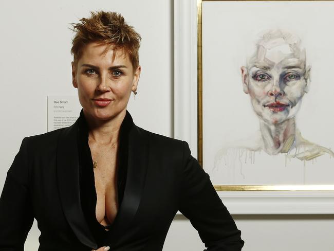 WENTWORTH COURIER ONLY. EMBARGOED TL NOVEMBER 18. SEE EDITOR TIM MCINTYRE. Archibald Prize Finalist artist  Dee Smart  at the Art Gallery of NSW with her self portrait "I'm here" depicting herself whilst recently undergoing cancer treatment. Dee has recovered well.  Picture: John Appleyard