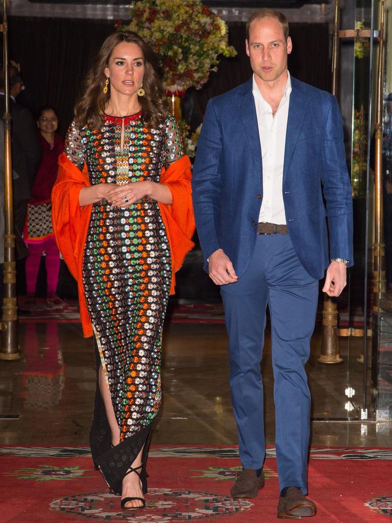 Catherine, Duchess of Cambridge and Prince William, Duke of Cambridge leave the Taj Tashi hotel to attend a dinner with King Jigme Khesar Namgyel Wangchuck and Queen Jetsun Pema on day five of the royal tour to India and Bhutan on April 14, 2015 in Thimphu, Bhutan. Picture: Getty