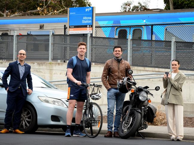 Matthew Younan (car), Nilsson Jones (cycle), Dane Hitchins (motorbike) and Daisi Henry (train) at Altona railway station. Picture: Andrew Henshaw