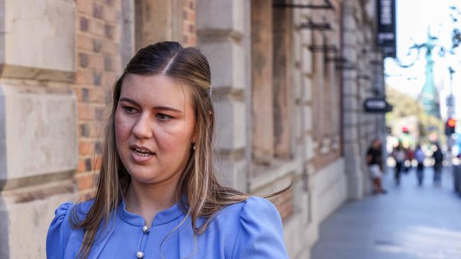 Brittany Higgins arrives to meet face to face with former defence minister Linda Reynolds as part of a court-ordered mediation. Ms Reynolds is suing for defamation. Picture: Colin Murty