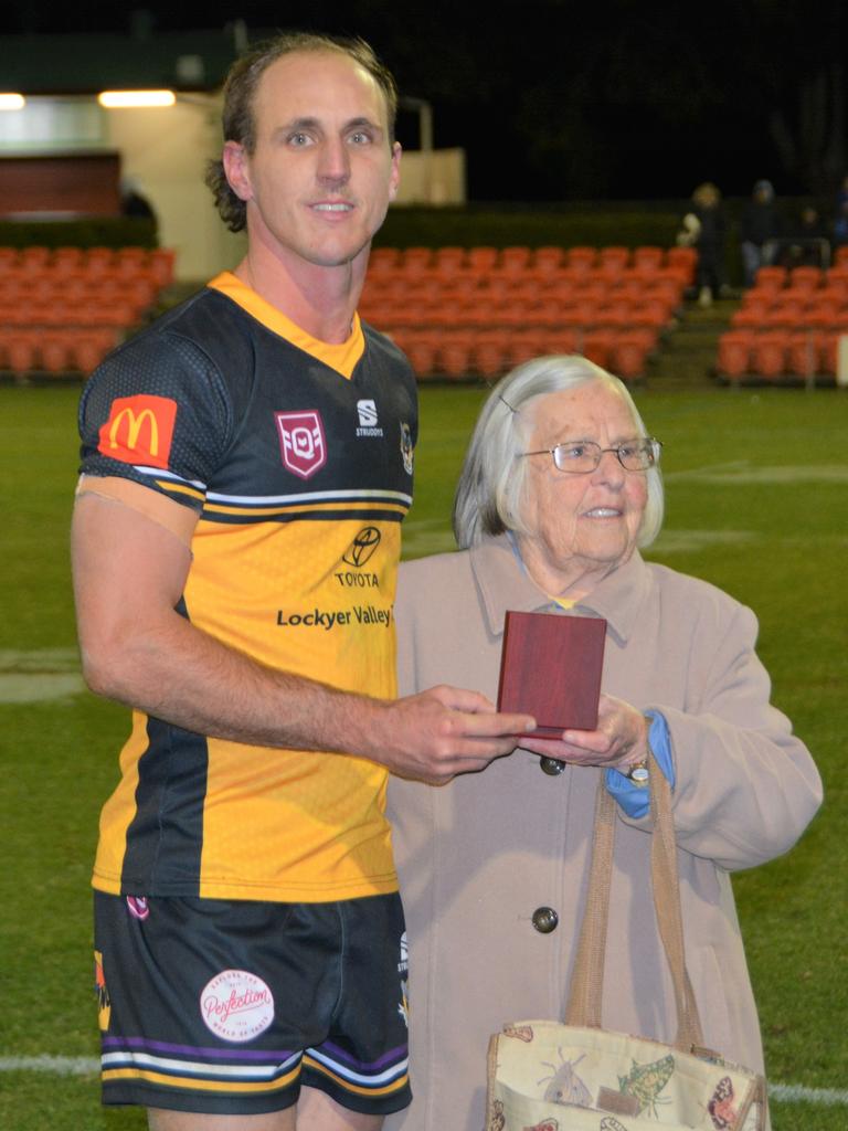 Gatton fullback Luke Self being presented with the Bill and Stephen Pollard Family medal for best on field in the Madsen Rasmussen Cup against Valleys.