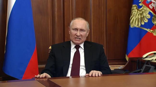 Russia President Vladimir Putin addresses the nation from the Kremlin on February 21, 2022, recognising the independence of the separatist republics of Luhansk and Donetsk in eastern Ukraine.