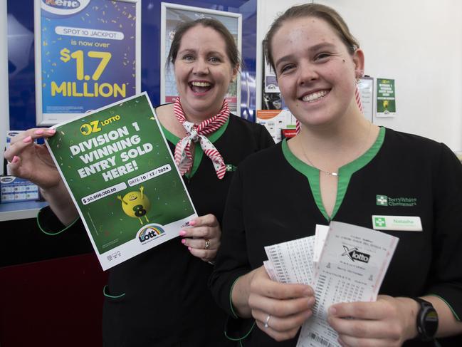 Christmas came early for a man from Burra who scored big with a $50 million winning lottery ticket. Terry White Chemist  where the winning ticket was sold - Kelly Bray, Retail Manager and Natasha Parsons,  Pharmacy Assistant - Natasha sold the winning ticket. 11th December 2024. Picture Brett Hartwig