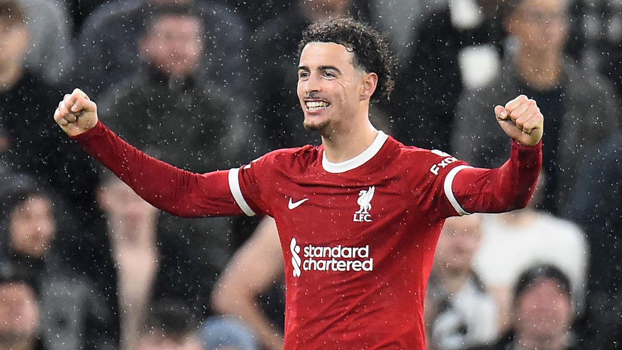 Liverpool's English midfielder #17 Curtis Jones celebrates after scoring their second goal during the English Premier League football match between Liverpool and Newcastle United at Anfield in Liverpool, north west England on January 1, 2024. (Photo by PETER POWELL / AFP) / RESTRICTED TO EDITORIAL USE. No use with unauthorized audio, video, data, fixture lists, club/league logos or 'live' services. Online in-match use limited to 120 images. An additional 40 images may be used in extra time. No video emulation. Social media in-match use limited to 120 images. An additional 40 images may be used in extra time. No use in betting publications, games or single club/league/player publications. /