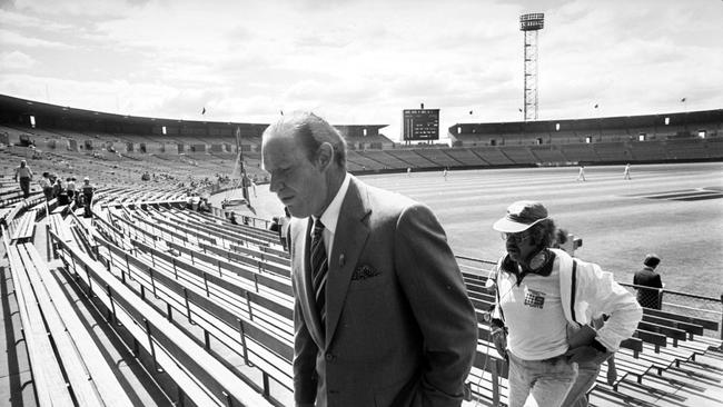 Kerry Packer at VFL Park in Melbourne for Australia v West Indies World Series Cricket in 1977.