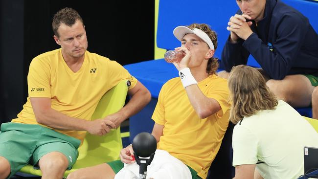 Max Purcell (middle) with Lleyton Hewitt (left) and his coach Nathan Healey at the ATP Cup in Sydney last week. Picture: Getty Images