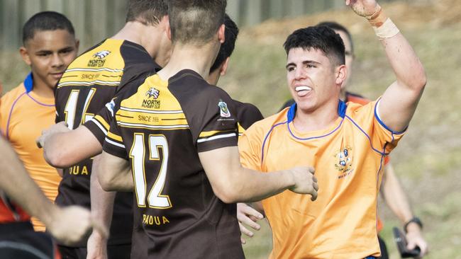 AIC First XV schoolboy rugby. Marist College Ashgrove vs Padua College. Marist #12 Ky Rashleigh celebrates a try.  5 September, 2020. Picture: Renae Droop