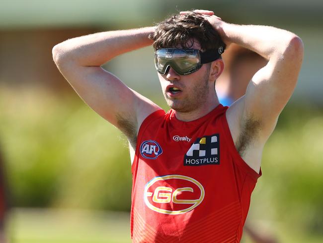 Luke Towey looks on during a Gold Coast Suns AFL training session at the Austworld Centre on July 29, 2020 in Gold Coast, Australia. (Photo by Chris Hyde/Getty Images)