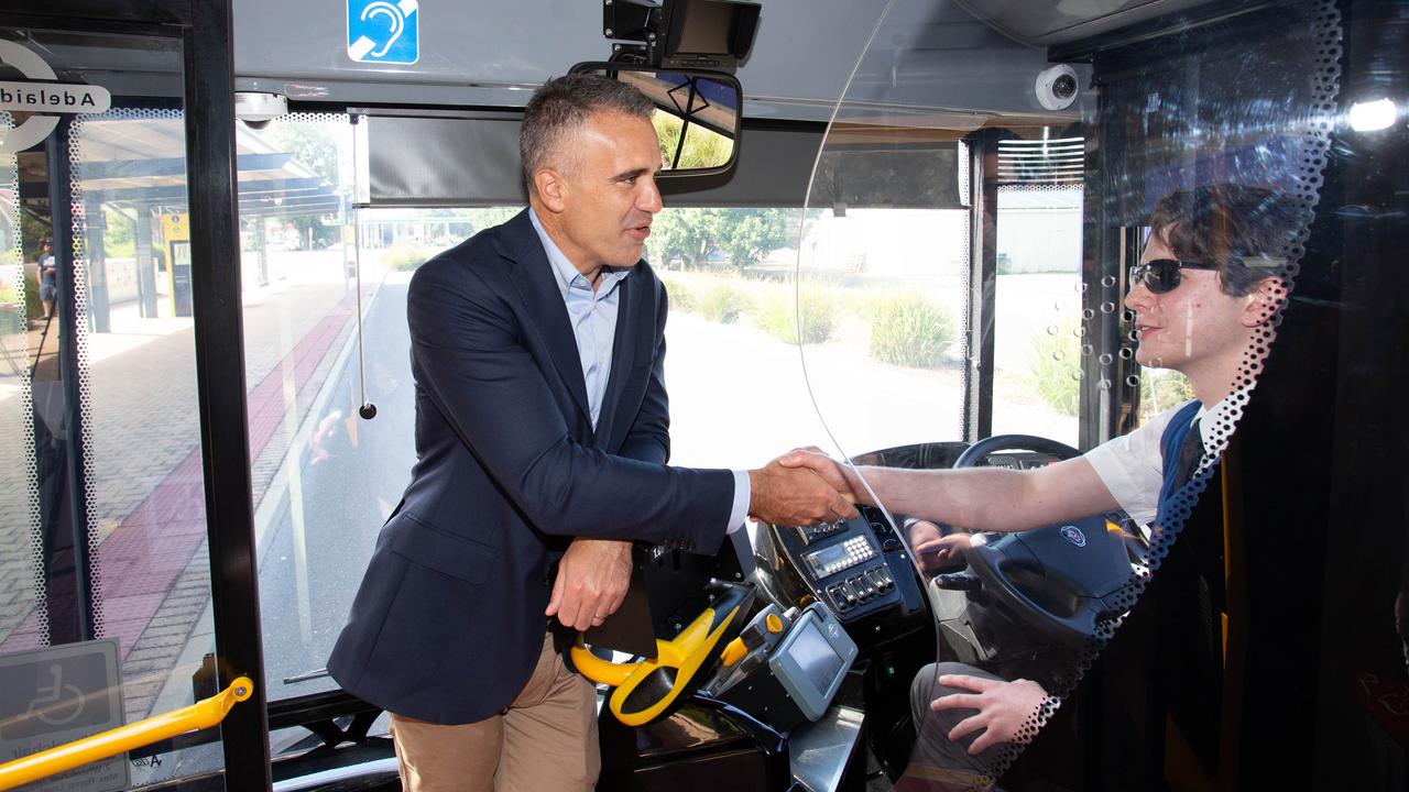 Premier Peter Malinauskas talks with South Link bus driver Ryan Orchard. Picture: Brett Hartwig