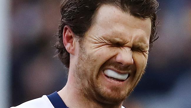 Patrick Dangerfield may or may not have worn this expression when he found out he was sharing a coffee shop with Kane Cornes. Picture: Michael Klein