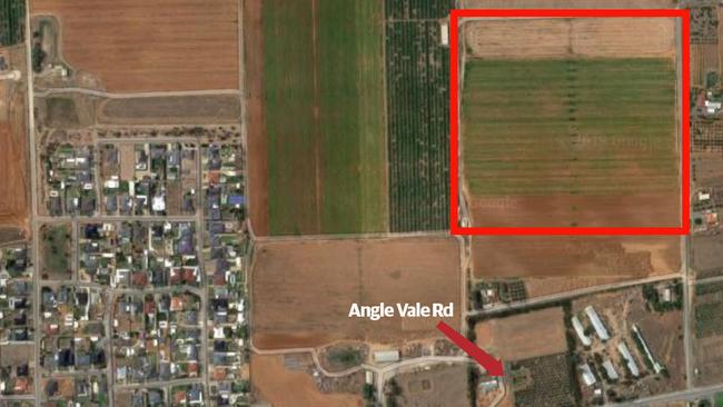 The block of land at Angle Vale that is being compulsorily acquired by the State Government for a new super school. Picture: Google Maps