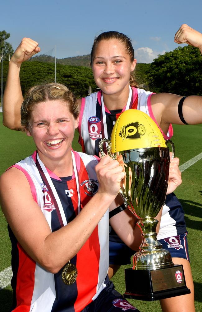 Townsville AFL 2022 grandfinal at Riverway Stadium. Womens grandfinal between Hermit Park Tigers and Curra Swans. Swans captain and vice-captain Mikaula Abson and Amaliya Davies-Scherer. Picture: Evan Morgan