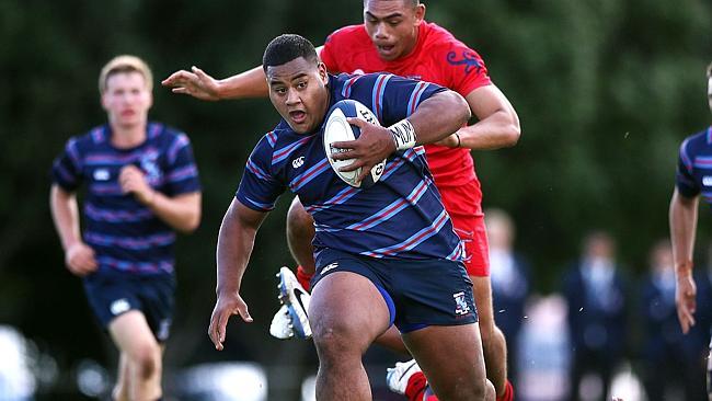 Daniel ( Taniela ) Tupou of Sacred Heart in action. Auckland Secondary Schools 1st XV rug