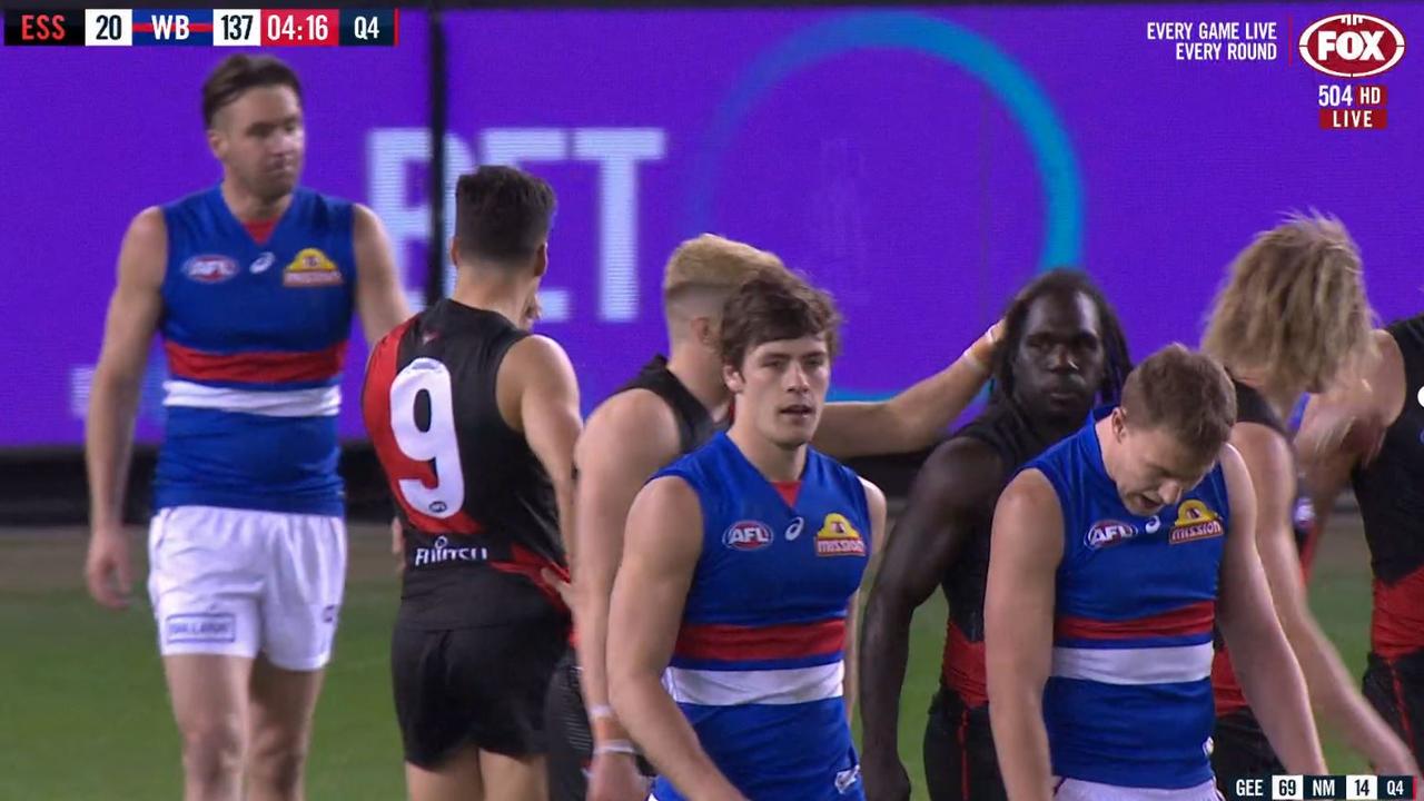 The Western Bulldogs react to giving up a goal while leading Essendon by 123 points.