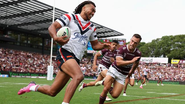 Young’s speed is a huge weapon for the Roosters who are stacked with talent on the right edge. Picture: Cameron Spencer/Getty Images