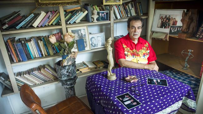 Enzo Condello brother of slain gangland figure Mario Condello in the backyard “war room” where he met with associates during the Melbourne gangland war. Picture: Eugene Hyland