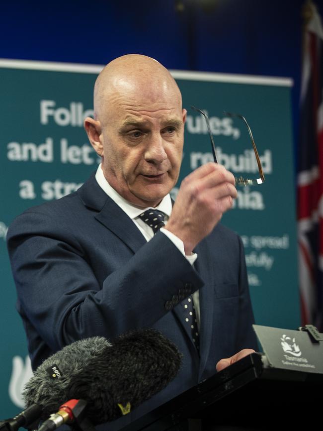 Premier Peter Gutwein gives an update on Tasmania's budget and Covid-19 situation. Picture: LUKE BOWDEN