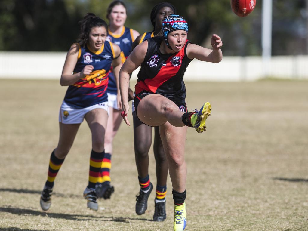 Brianna Pogany used her kicking skills from Aussie rules at the weekend. Picture: Kevin Farmer