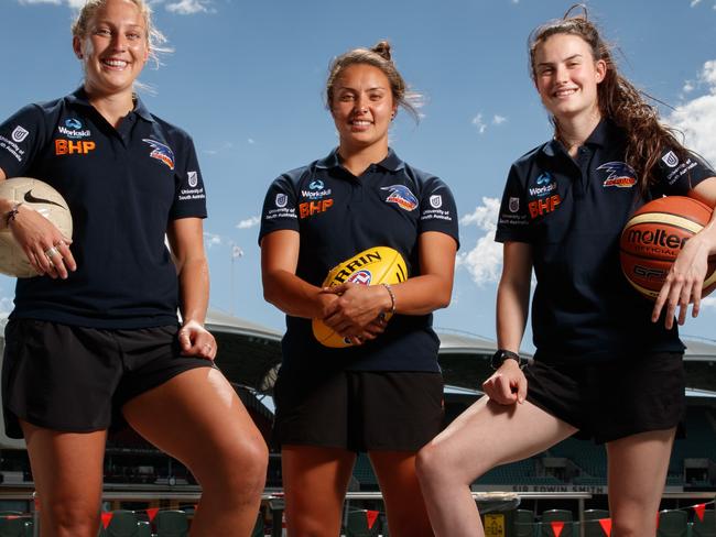 18/10/17 AFLW players Marijana Rajcic (former soccer player), Ruth Wallace and Eloise Jones (former basketballer) at the Adelaide Oval. The three local girls were picked up in the AFLW draft by the Crows.